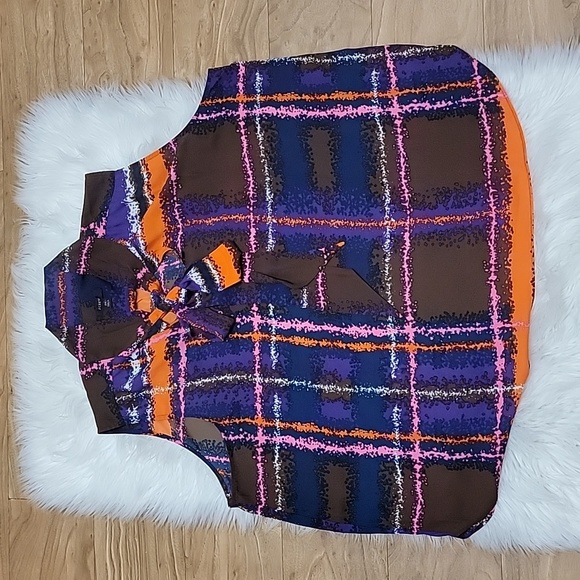 J Crew | Purple Multicolored Plaid Print Sleeveless Top W/ Self Tie Neck - Picture 2 of 7